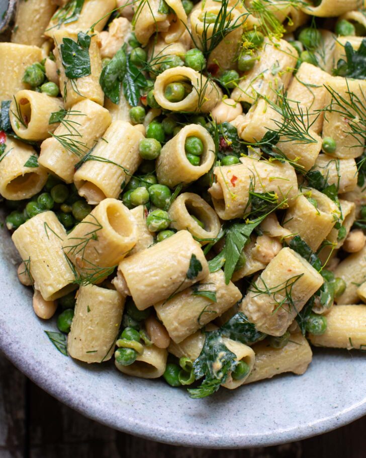 final green pea pasta salad in a bowl