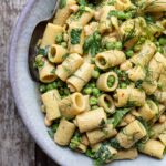 vegan green pea pasta salad in a bowl