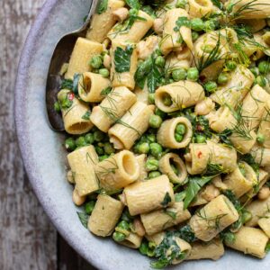 vegan green pea pasta salad in a bowl