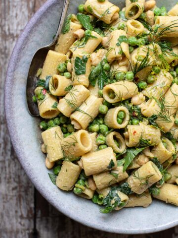vegan green pea pasta salad in a bowl