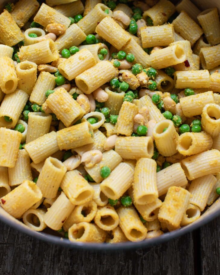 pasta, beans, and peas in a pot