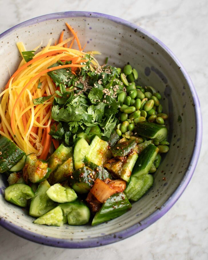kimchi salad ingredients in a bowl