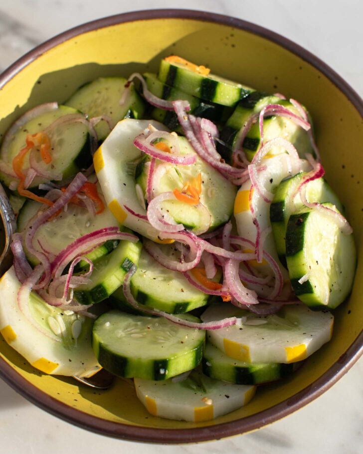 cucumber onion salad in a bowl