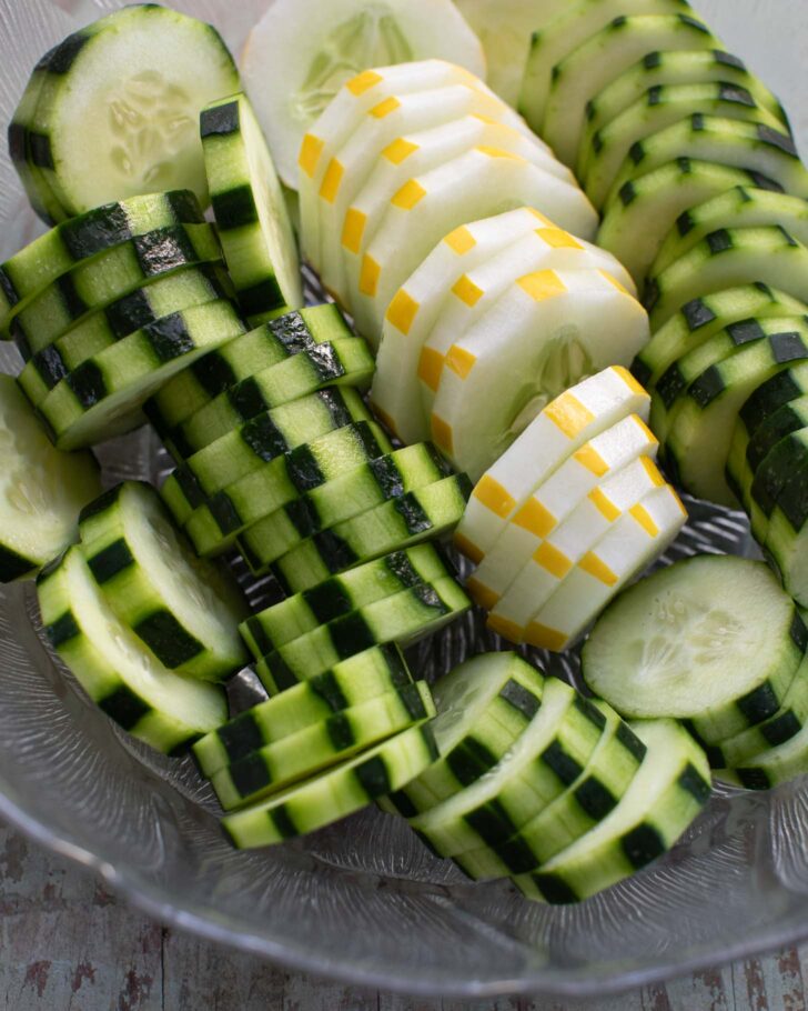 partially peeled cucumber slices