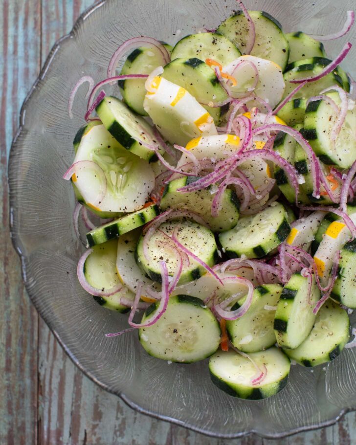 final cucumber onion salad in a bowl