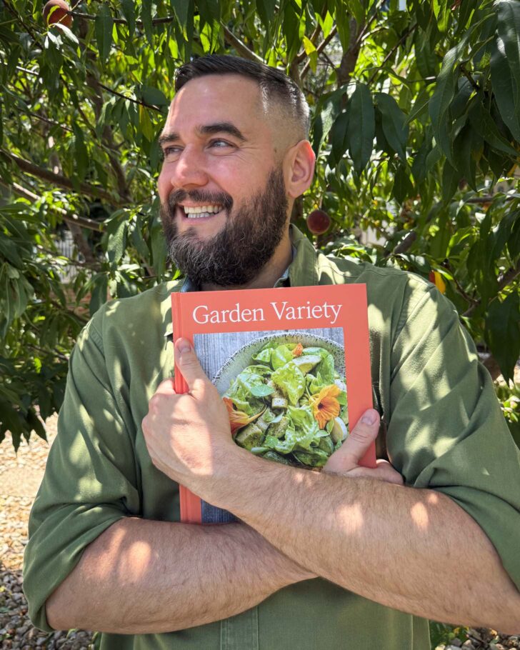 timothy pakron holding his new cookbook garden variety